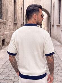 Men's Knitted Polo Shirt, Contrast Color Collar, Short Sleeve, Loose Fit, Dropped Shoulder, Italian Luxury Style, Vertical Stripe Texture, Color Block Trim, Spring/Summer - White - View 5