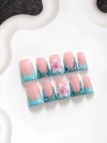 10pcs Luxury Handmade Press-On Nails, Polygel Nail Art Set, Blue Rhinestone Five-Petal Flower Design, Blue Nail Polish, Hot Girl Style, Includes Nail Tools, 3 Sizes Available, Almond/Duck/Coffin Shape, Suitable For Party, Dancing, Daily Wear - 彩色 - 查看 18