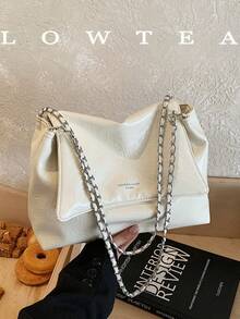low tea 1 pieza Bolso de hombro de mujer de tela de ante de unicolor, estilo vintage, forma cuadrada, correa de cadena, cierre de solapa, se puede usar como bolso de hombro o bandolera, adec - Blanco 2 - Ver 3