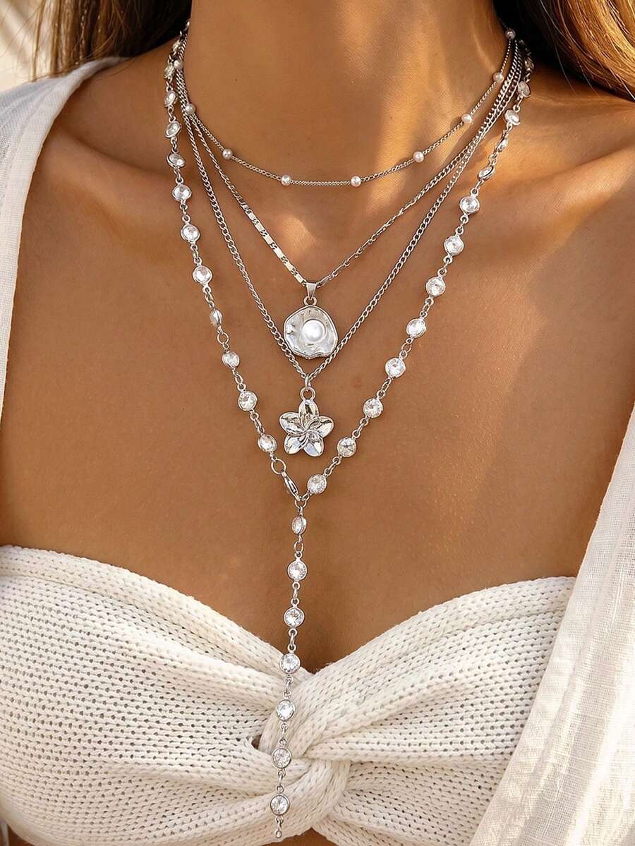 Conjunto de Colares Longos Prateados Estilo Boêmio 4 peças/1 peça, Vintage Francês Elegante, Moda Hip Hop Boho, Casual Doce, Corrente Fina com Pérola Falsa Incrustada, Flor, Concha, Estrela-do-Mar, Estrela, Múltiplos Pingentes, Borla, Personalizado, Exagerado, Único, Y2K, Multicamadas, em Formato Y, Corrente para Clavícula e Suéter, Adequado para Mulheres, Verão, Praia, Férias, Festa, Jantar à Noite, Festival de Música, Encontro, Presente, Uso Diário, Todas as Estações, Joia Versátil - Prata - Visão 1