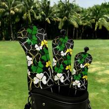 Colorful Lucky Clover Golf Club Headcover, Dark Base With Fresh Floral Leaf Design, Golf Accessory - Black - View 3