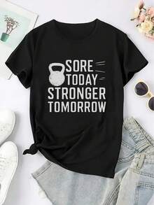 Women's T-ShirtCamiseta de entrenamiento motivacional para mujer "Dolor hoy, más fuerte mañana" - Cómoda camiseta de fitness de manga corta con eslogan de gimnasio estampado, cuello redondo - Negro - Ver 4