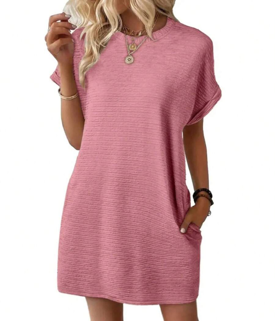 Nuevo producto de verano transfronterizo europeo y americano: vestido de manga corta para mujer, holgado, de cuello redondo, con bolsillos y de color sólido. - Rosa - Ver 1