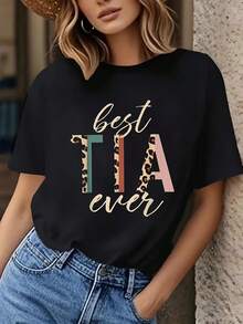 Best Tia Leopard Print Short Sleeve T-Shirt | Women's Crew Neck Top, Casual Fit, Machine Washable, Perfect Mother's Day Gift - 黑色 - 查看 1
