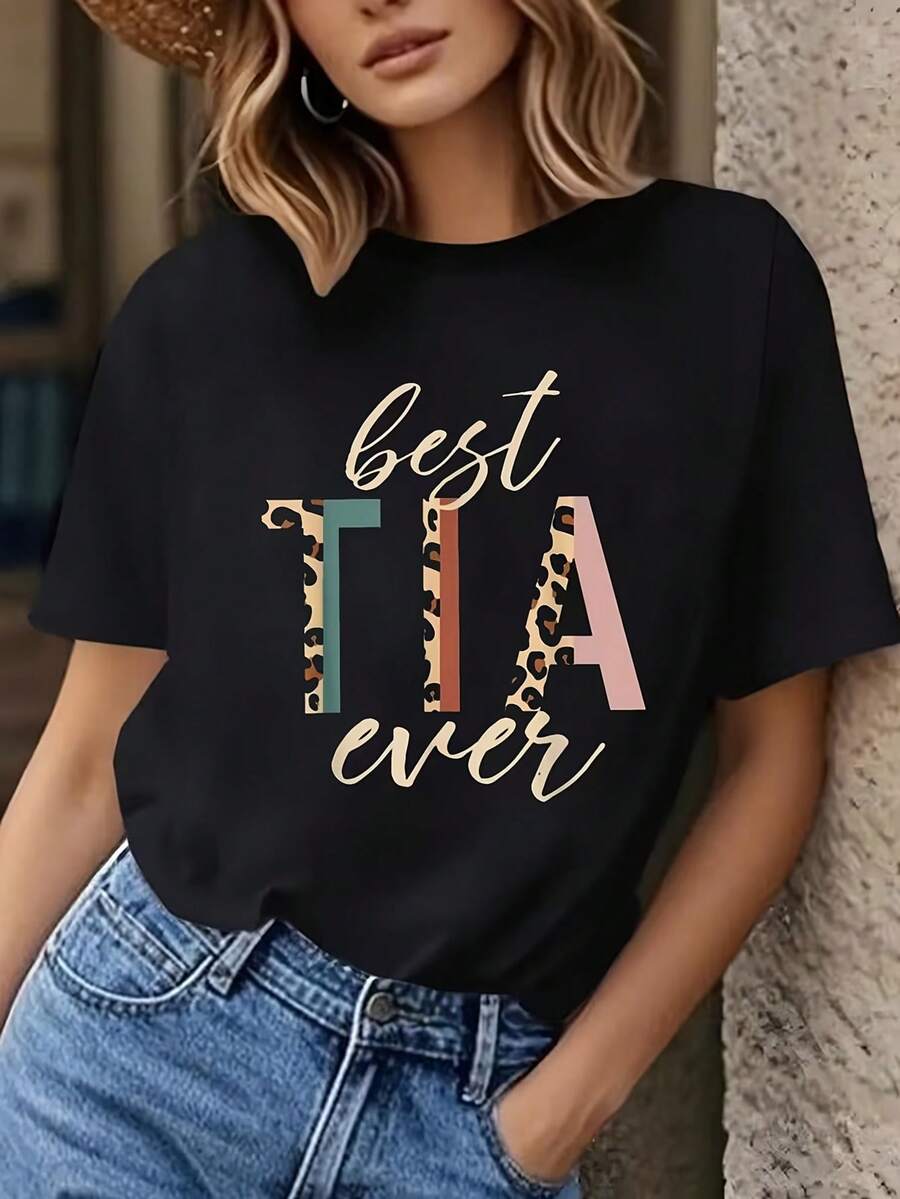 Best Tia Leopard Print Short Sleeve T-Shirt | Women's Crew Neck Top, Casual Fit, Machine Washable, Perfect Mother's Day Gift - 黑色 - 查看 1