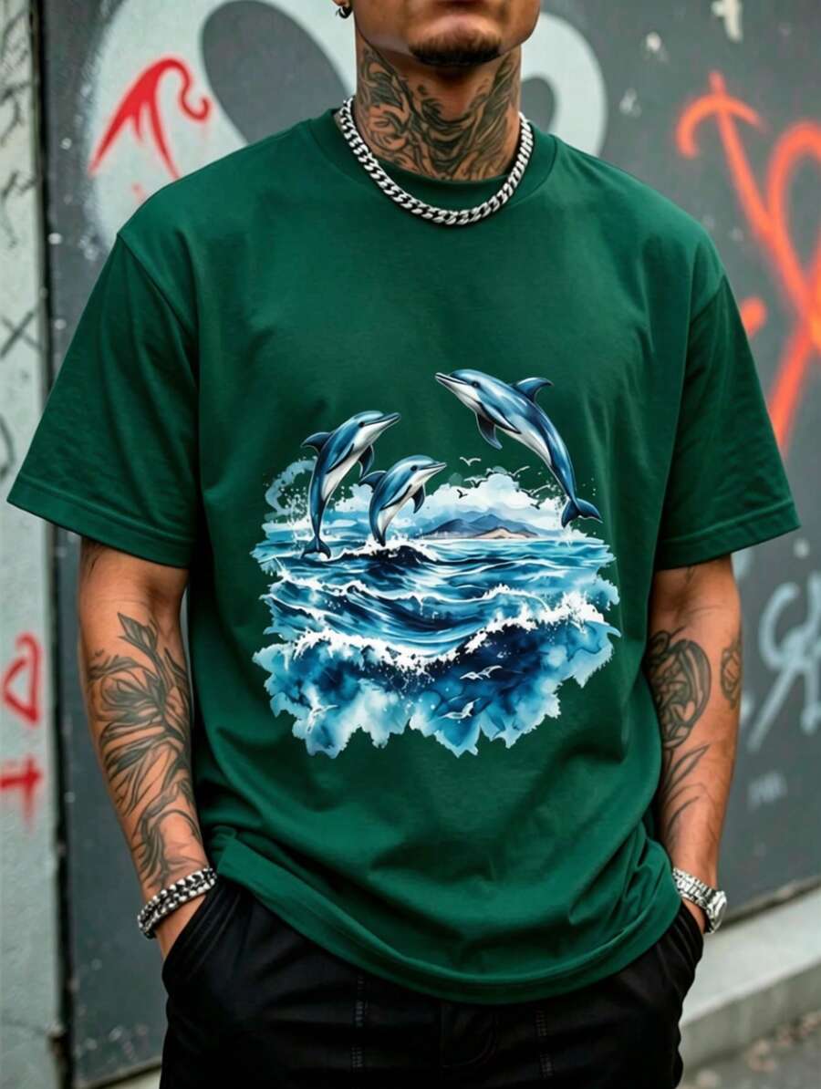 Camiseta de hombre estilo vacacional costero estampado paisaje marino con delfines tropicales,moda para el verano.