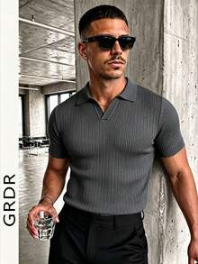 GRDR Suéter de punto de manga corta de unicolor para hombres, de moda para el verano - Gris Oscuro - Ver 7