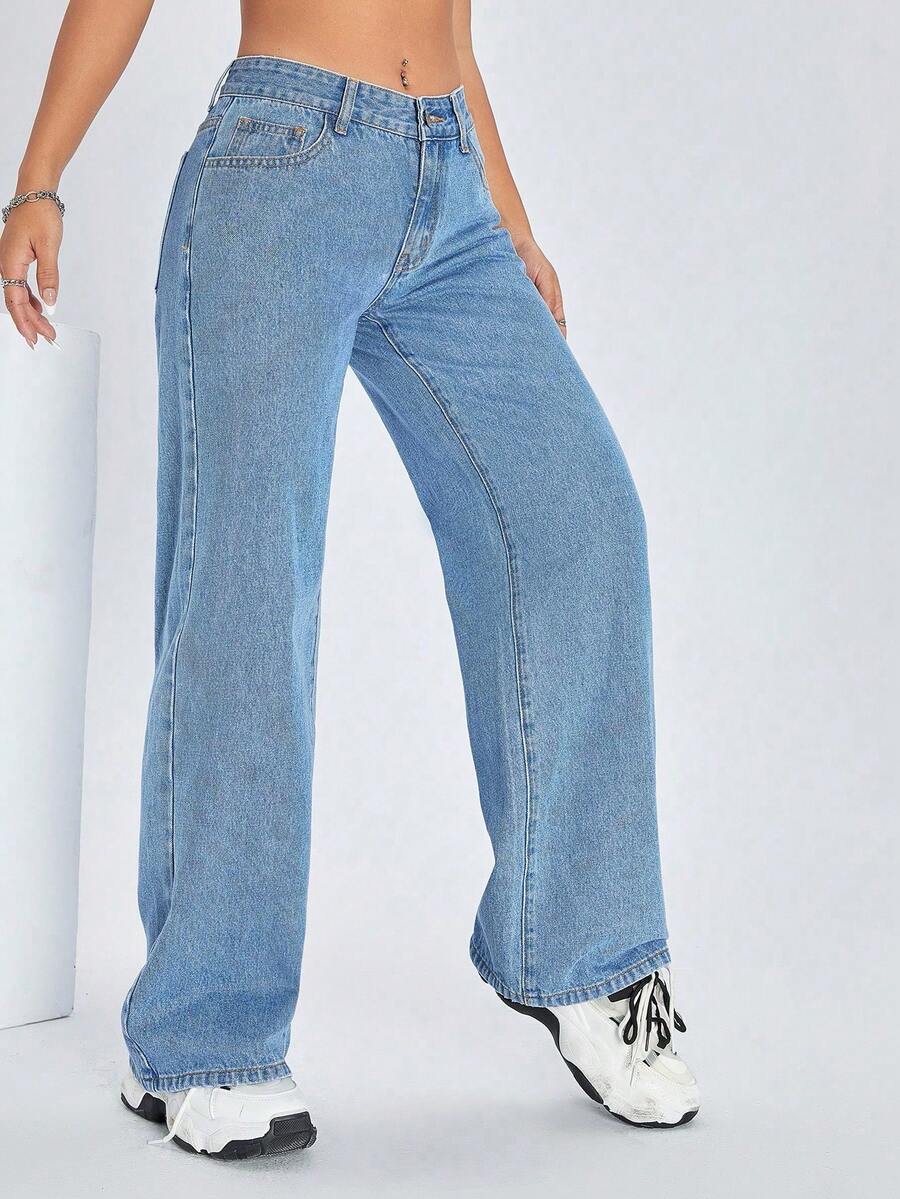ICON Pantalones vaqueros de pierna ancha de unicolor, de bolsillo, informales y versátiles - Azul lavado medio 2 - Ver 1