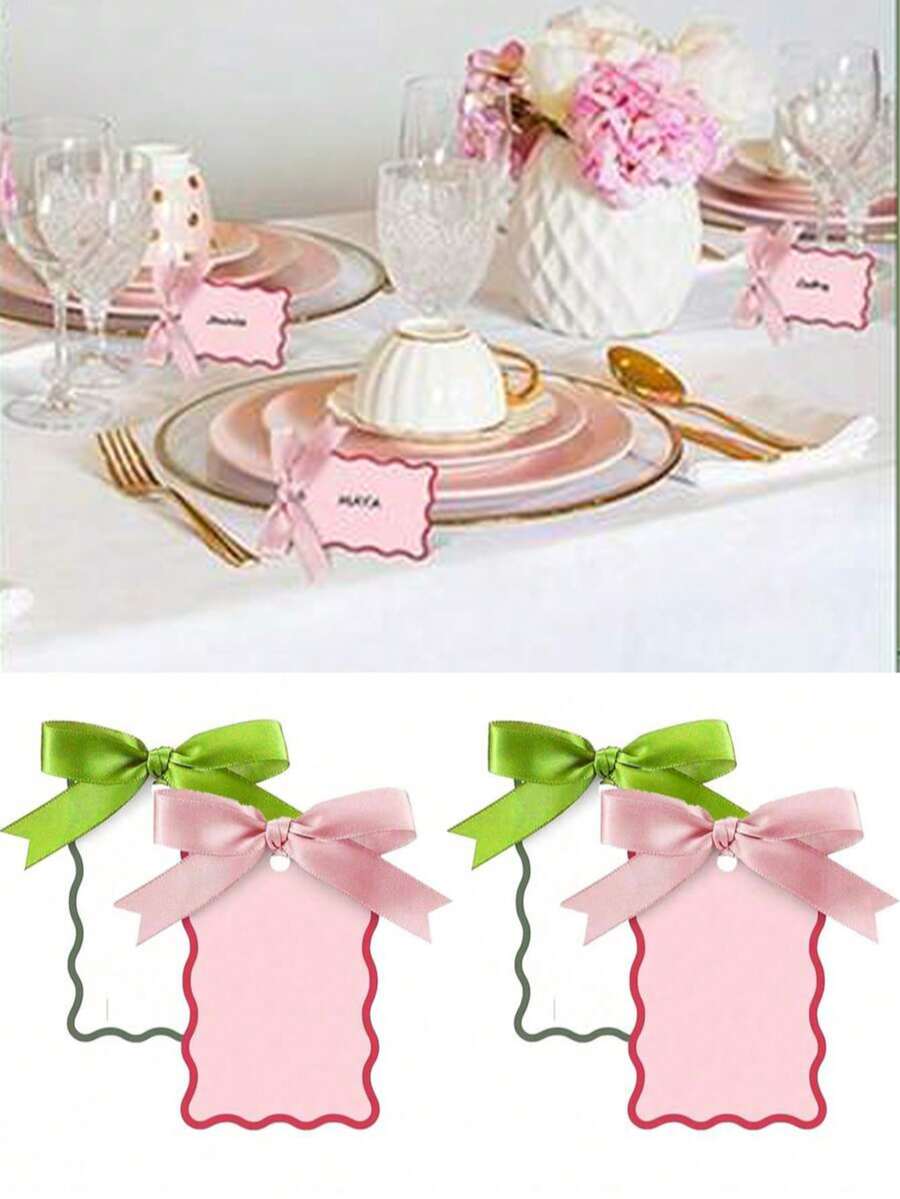 6/24pcs Scallop Shaped Name And Place Cards With Ribbon, DIY Wedding Table Number Cards, Wedding Party Decorations (Pink), Suitable For Weddings, Holiday Parties, Birthdays, Christmas And New Year, Various Celebrations - A - View 1