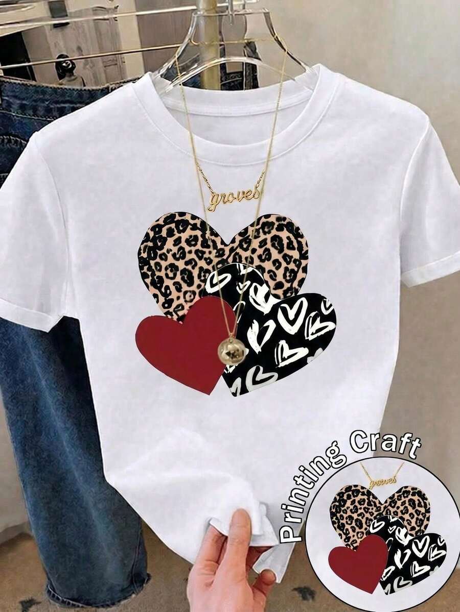 Camiseta Mujer Nueva Manga Corta Cuello Redondo Estampado Corazón Fondo Negro Minimalista Transpirable Para Parejas - Blanco 1 - Ver 1