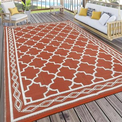 Gaderth 8x10 Rug Outdoor Rug Waterproof Reversible Rug Patio Rug Modern Camping RV Plastic Straw Rug Geometric Area Rug For Backyard,Deck,Picnic,Porch,Beach,Trailer ,Reversible Outdoor Rug With Storage Bag