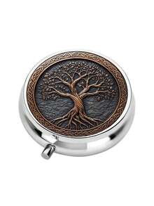 2D Flat Design 1pc Portable Travel Pill Box, Metal Vitamin Storage Box With Tree Of Life Pattern, Metal Mini Pill Organizer Box, Unique Gift Compact Pill Box, Suitable For Pocket, Wallet And Travel Gift, Best Christmas Gift - Multicolor - View 6