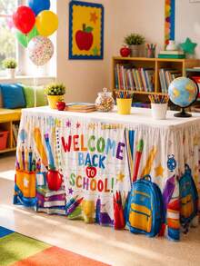 1pc Welcome Back To School Table Skirt, Colorful Polyester Rectangular Pleated Tablecloth With Pencil, Apple, Book And Backpack Print, Classroom Party Table Decor, Suitable For Teacher Welcome, First Day Of School And School Events - Multicolor - View 2