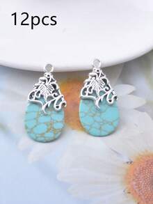12 peças de pingentes para brincos boémios em prata envelhecida, pena, gota de água e turquesa falsa em acrílico, para fazer joias DIY - prata antiga - Ver 6