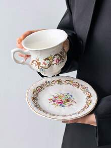 1 Set Dreamy Garden Palace Ceramic Coffee Cup & Saucer, French Palace Style Exquisite Women's Afternoon Tea Cup & Saucer Set, Delicate Embossed Mug & 6-Inch Floral Gold-Rimmed Plate, First Choice For Coffee, Dishwasher , Commercial Dessert Cup - Multicolor - View 8