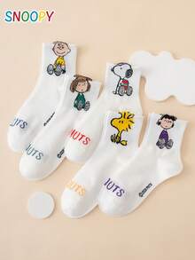 5雙 SNOOPY 系列正版 Charlie Brown 小狗字母圖案趣味卡通女款中筒襪 - 彩色 - 查看 4