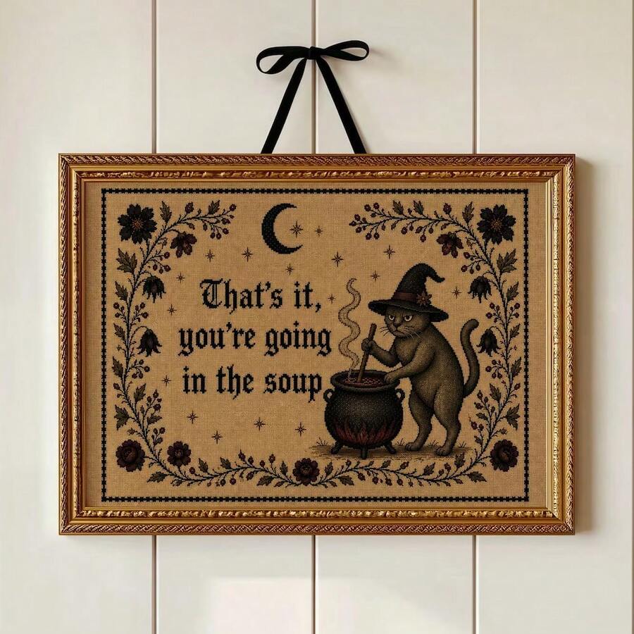 1pc Framed/Unframed Vintage Floral Witch Cat Country Gothic Canvas Poster, Humorous Spooky Halloween Kitchen Wall Art Decor, Dark Country Style, Suitable For Dorm, Living Room, Bedroom, Modern Home Decor - A - View 1