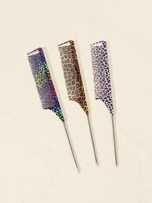 1 pieza Peine de cola puntiaguda profesional, peine de cola puntiaguda con aguja de acero con estampado de leopardo, peine de sección antiestático para teñir el cabello, accesorio de peluquería - Multicolor - Ver 2