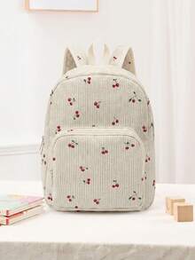 1pc Backpack, Children's Backpack, Corduroy Girl's School Bag, Travel Storage Bag, Animal & Cherry Print Design, Large Capacity Foldable Easy Storage Bag, Lightweight Burden Reduction, Multi-Pocket Layered Design + Zipper Closure, Organized Storage For Easier Access, Suitable For Student School Bag - Multicolor - View 10