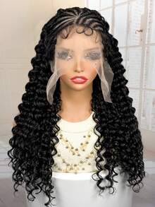 22 Inch Natural Corn Braid Woven Wig, Synthetic Fiber 13x6 Lace Front Jerry Curl Braided Wig With Baby Hair, Halloween - Black - View 11