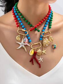 1pc Fashionable Ocean Style Acrylic Dopamine Color Beads Starfish Shell Necklace Suitable For Women Summer Vacation Party Wear - Ocean - View 1