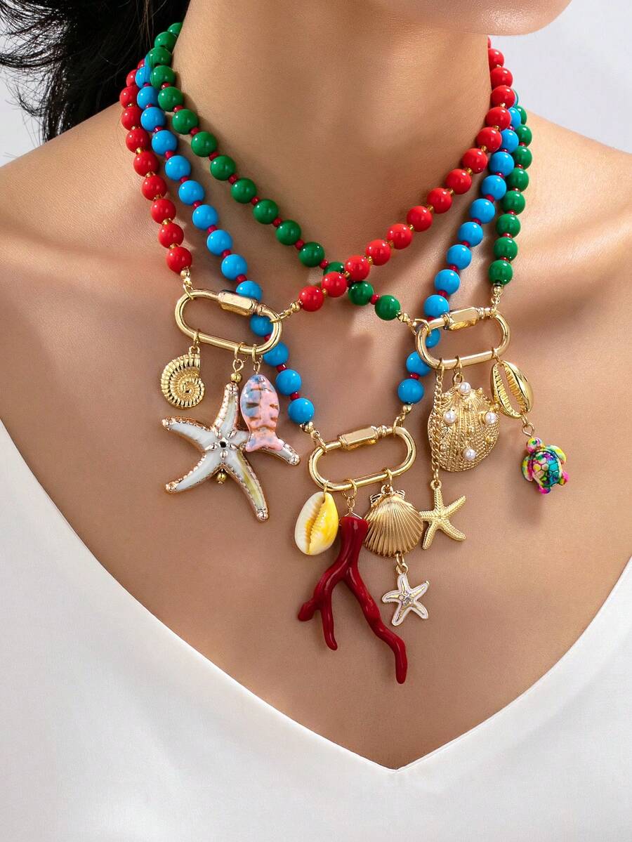1pc Fashionable Ocean Style Acrylic Dopamine Color Beads Starfish Shell Necklace Suitable For Women Summer Vacation Party Wear - Ocean - View 1