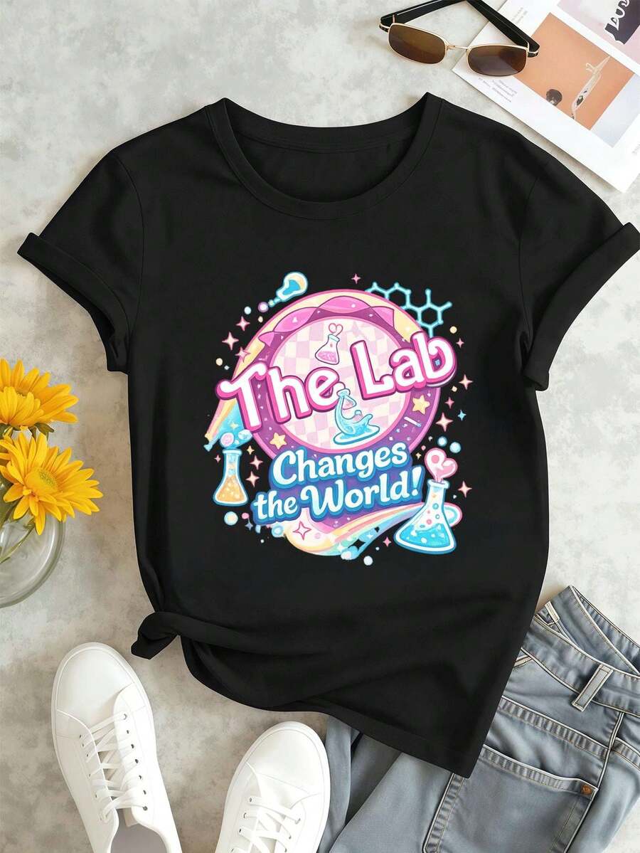 Camiseta casual de mujer con estampado gráfico de laboratorio científico, 100% algodón, estampado gráfico único, estilo urbano hip-hop, transpirable. - Negro - Ver 1