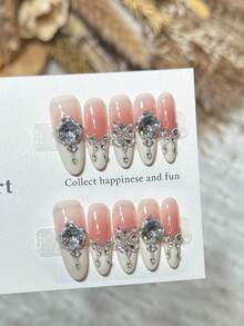 10pcs Bridal Crystal Handmade Press On Nails, Nude Pink Gradient French Tip, Sparkly Silver Rose & Flower Rhinestone Fake Nails, Reusable Medium/Long Oval Fake Nails For Beach Vacation, Grad Prom, With Jelly Gel And Nail File, DIY Nail Art Supplies - Pink - View 3