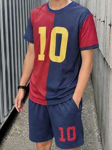 2pcs/Set Teen Boys' Cool Football Style Contrast Color 10 Number Print T-Shirt And Shorts Set - Multicolor - View 3