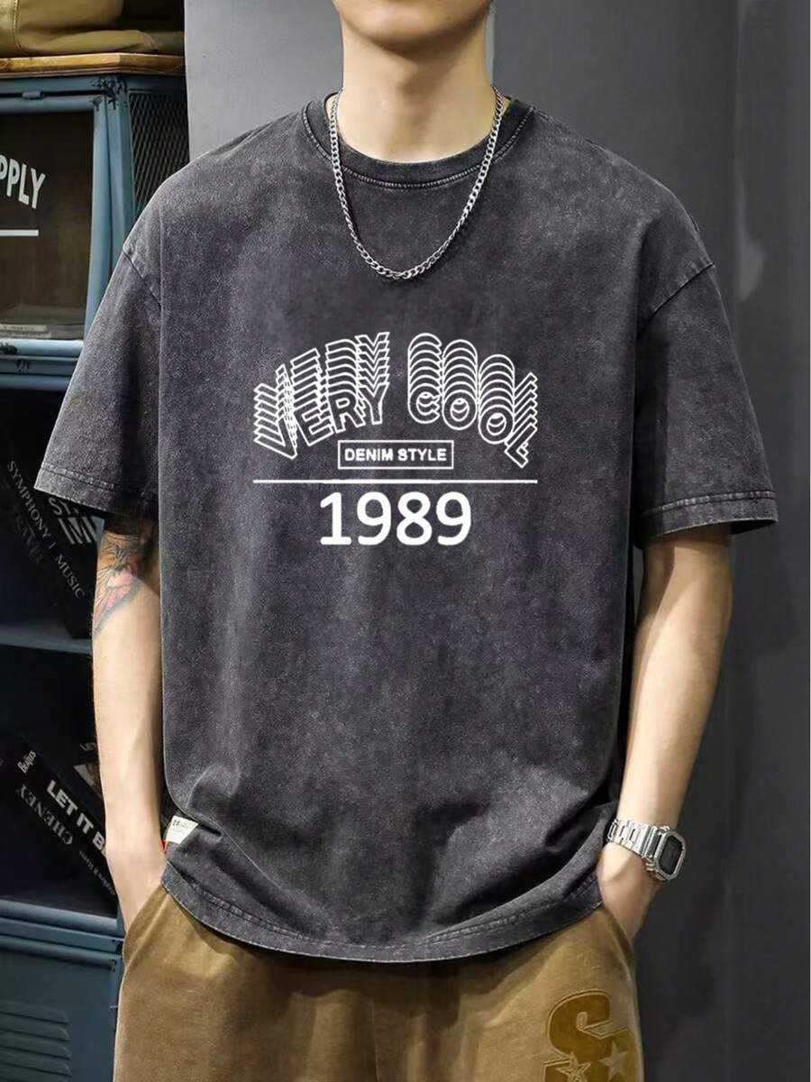 Camiseta de hombre de algodón 100% puro de 230g, con diseño vintage lavado, de marca de moda con efecto desgastado, de manga corta - estilo casual de verano, corte holgado, estampado en ingl - Negro - Ver 1