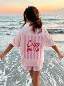 Kaos Musim Panas Longgar Bergaris Ciao Bella Bolak-balik untuk Anak Perempuan - Berwarna merah muda - View 2