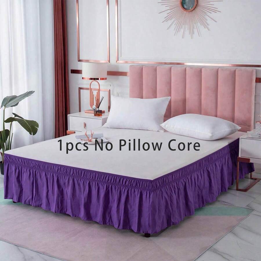 1pc Solid Color Elastic Bed Skirt, Wrap-Around Bed Skirt, Soft Bedding, Ruffled Lace Bed Skirt, Cotton Comfortable Skin-Friendly Durable - Purple - View 1