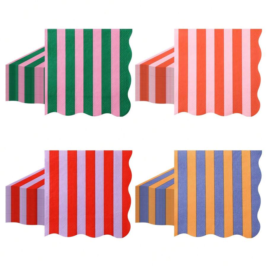 20/40/60pcs Bright Vertical Stripe Wavy Edge Disposable Paper Napkins, 4 Colors Available, 2-Ply Wavy Edge Summer Beach Style Color Block Print Napkins, Suitable For Tropical Brunch, Outdoor Picnic, Garden Party, Colorful Birthday Tableware, 13*13 Inches - View 1