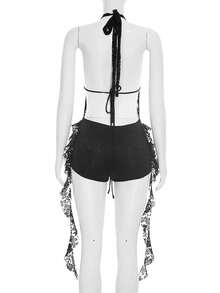 Women's Fashionable Spaghetti Strap Fitted Romper With Semi-Sheer Contrast Lace Camisole, Summer Party Jumpsuit Black - Black - View 8
