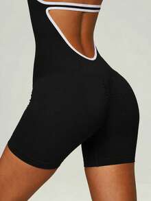 UONNOU Halter Neck Open Back Romper For Women, Contrast Trim Tummy Control Slim Sports Bodysuit - Black - View 5