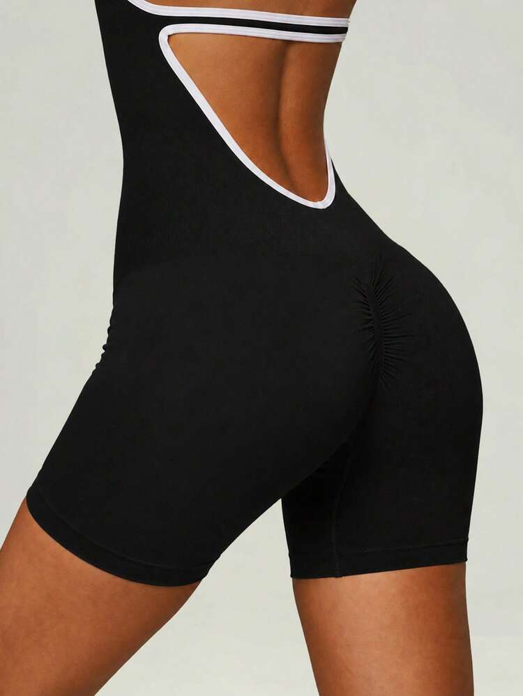 UONNOU Halter Neck Open Back Romper For Women, Contrast Trim Tummy Control Slim Sports Bodysuit - Black - View 5