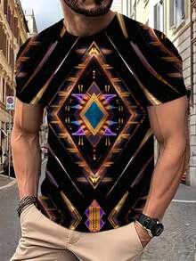 Camiseta con Adorno  Abstracto para Hombre - Diseño Radial Sin Costuras con Diamantes Entrelazados y Detalles de  Angular en Dorado, Morado y Azul Eléctrico, Corte Cómodo con Cu - Negro - Ver 1