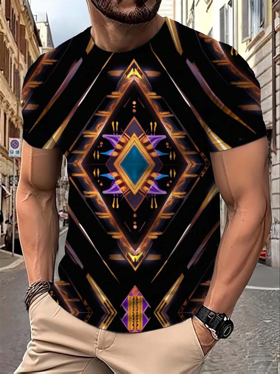 Camiseta con Adorno Abstracto para Hombre - Diseño Radial Sin Costuras con Diamantes Entrelazados y Detalles de Angular en Dorado, Morado y Azul Eléctrico, Corte Cómodo con Cu - Negro - Ver 1