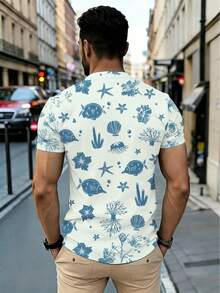 Camiseta de manga corta casual de verano para hombre, hecha de poliéster con diseño oceánico, ligera y transpirable, perfecta para la playa, cafeterías o actividades al aire libre, en un esq - Negro - Ver 2