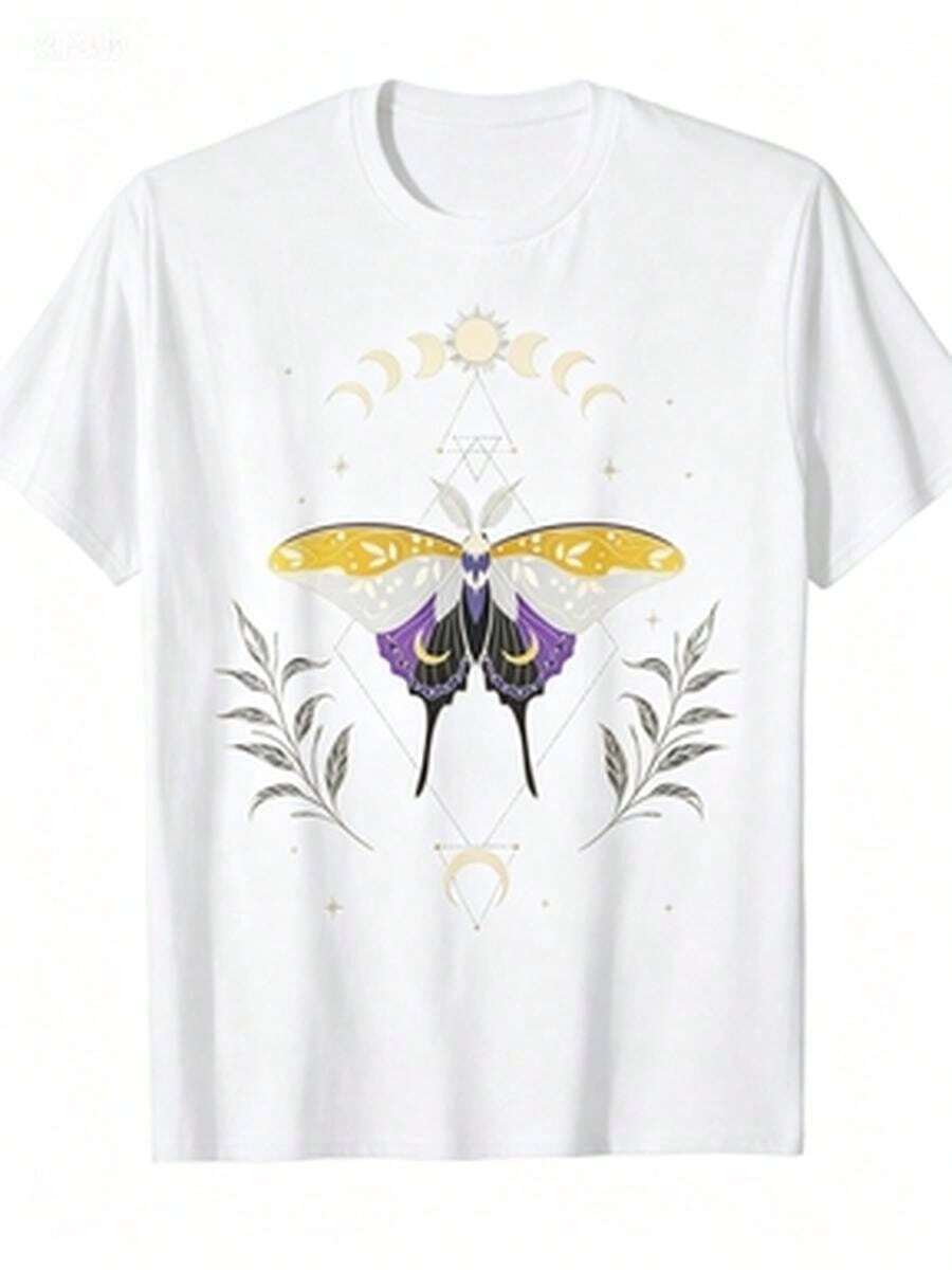 Playera Unisex Algodón Transpirable Polilla Lunar Con Fases Lunares Y Geometría Sagrada Suave Para Estilo Místico Boho Casual - Blanco - Ver 1