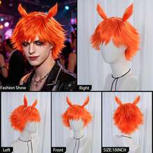 Peluca sintética naranja vibrante, corta, esponjosa, con capas, recta, despeinada y puntiaguda, con accesorio de diadema con forma de cuerno desmontable, para hombre y mujer, anime cosplay, con flequillo, kit de peluca para fiesta de disfraces, espectáculo en escenario, atuendo temático y sesión de fotos - Naranja - Ver 8