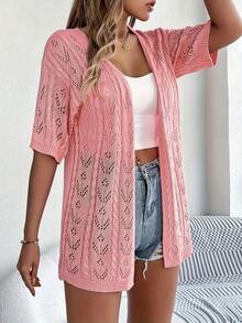 Plus Sizes - New For Summer: Women's Short Sleeve Openwork Cardigan, Loose Fit, Mid-Length, Lightweight And Breathable - 粉色 - 查看 5