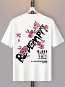 1pc Casual Retro 100% Cotton Unisex T-Shirt, Redemption Cherry Blossom Japanese Text Back Graphic Tee, Travel Streetwear, All Seasons - White - View 3