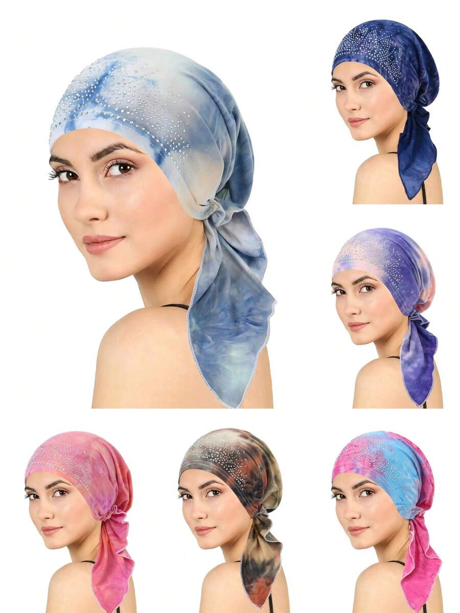1 pieza Nuevo estilo europeo & americano pañuelo de cabeza con degradado tie-dye, adornado con strass, con dos colas curvas y diseño de avión - Multicolor - Ver 1