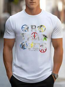 Arte tipográfico con símbolos multicolores de paz que transmiten un mensaje vibrante de unión y diversidad sobre un fondo claro camiseta de hombre 100% algodón 220g - Multicolor - Ver 1