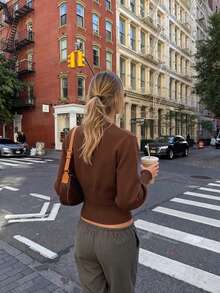 Women's Brown Short Knit Cardigan Sweater, Long Sleeve Button-Up Pullover, Suitable For Autumn Daily Wear - Brown - View 5