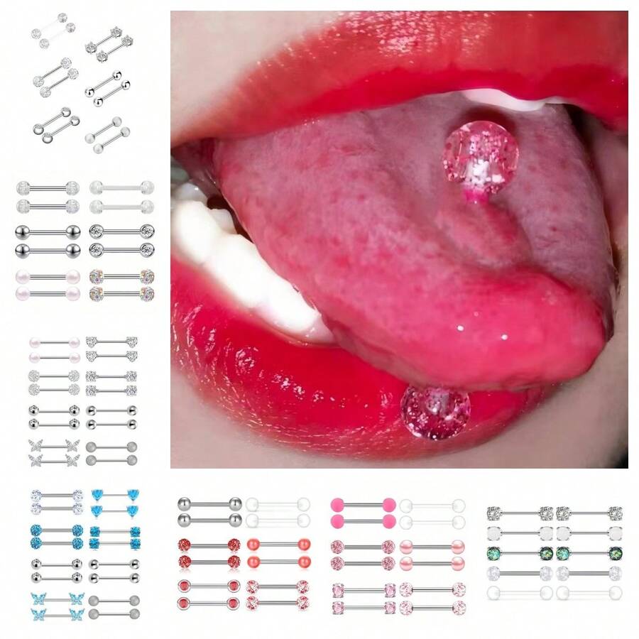 8pcs 14G Multicolor Stainless Steel Sexy Tongue & Lip Piercing Stud Set, Rhinestone Anti-Fall Low-Allergy Piercing Jewelry, Street Party Halloween Unisex Personalized Accessories - 8-piece Set - View 1