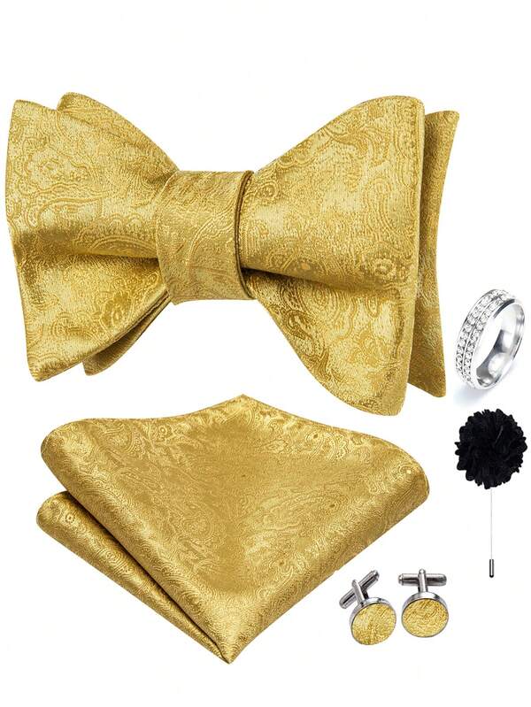 Juego de 5 piezas de accesorios para hombre con estampado paisley amarillo, corbata de lazo para anudar, pañuelo de bolsillo, gemelos, anillo y boutonniere, patrones aleatorios de gemelos, para novio de boda