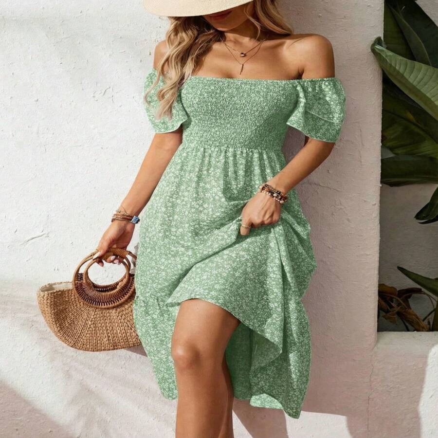 New Cross-Border Success In Europe And America: Long Floral Dress With Square Neck And Puff Sleeves. - Green - View 1
