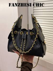 Black Quilted Chain Shoulder Bag, Fully Covered In Delicate Quilted Stitching, Drawstring Closure With Metal Ring Reinforcement, Flap Sides Adorned With Round Gold Buckles, Soft Yet Structured Body With Ample Capacity, Can Store Phone, Powder Compact, Keys, Short Wallet, Pure Black Versatile For Coats, Suits, Knit Sweaters, Naturally Exudes An Elegant Atmosphere - Black - View 6